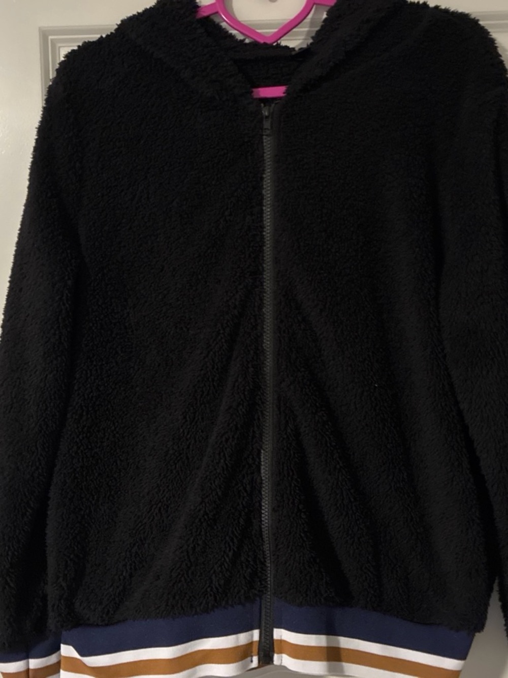 SHEIN Black Teddy Zip-Up Jacket with Striped Hem